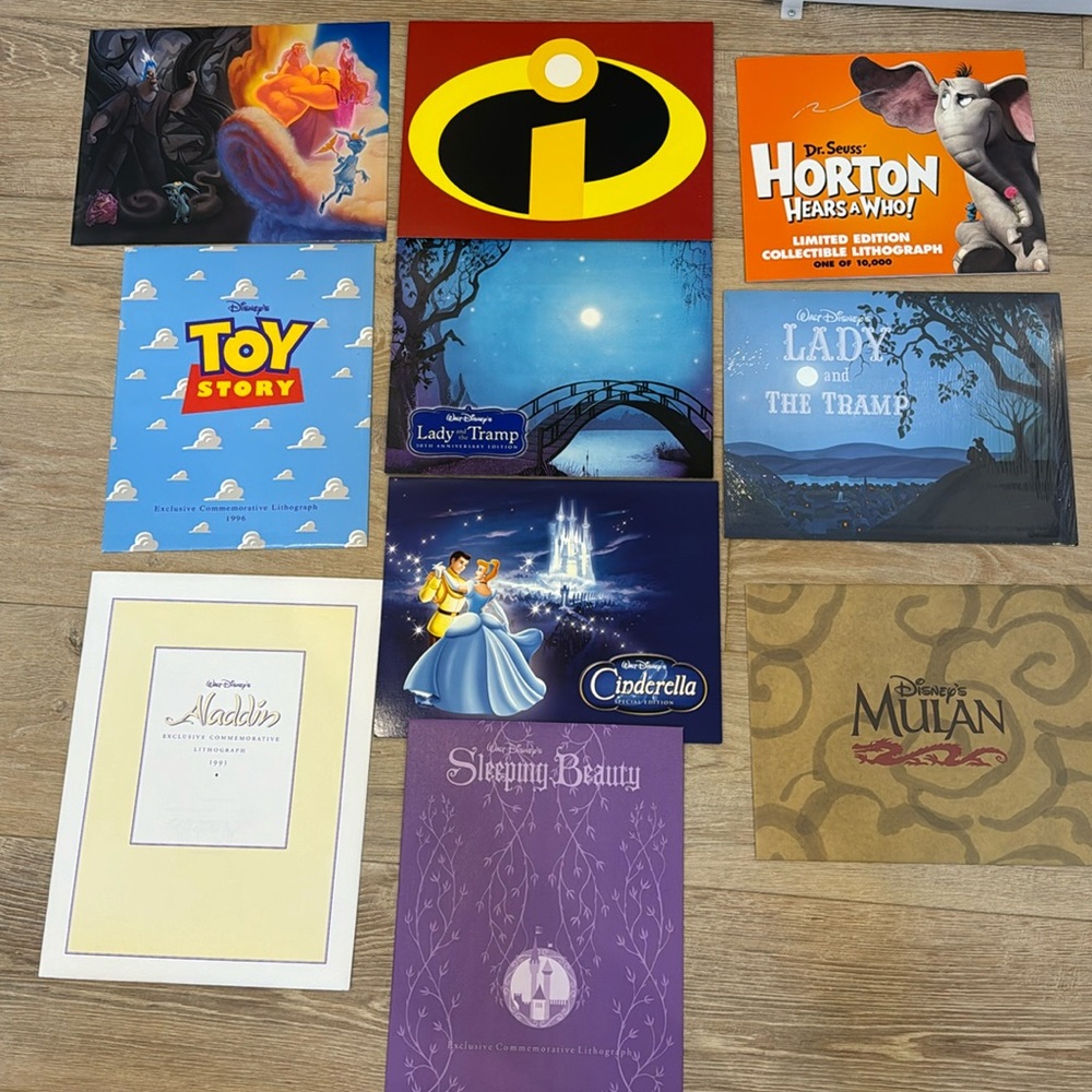 Disney and Dr Seuss lithographs. New. Stored away in a box